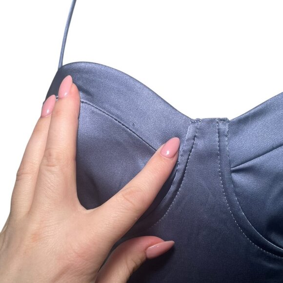 ASTR The Label Blue Satin Midi Dress Size Small Adjustable Straps Slit - Picture 6 of 7